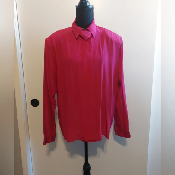 Vintage 80s 90s Silk Anne Klein Blouse Top shirt Embroidery Button front Pink 14 - Picture 1 of 9
